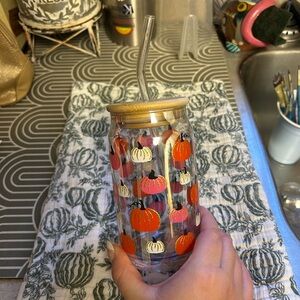 Glass Tumbler with Straw and Pumpkin Design